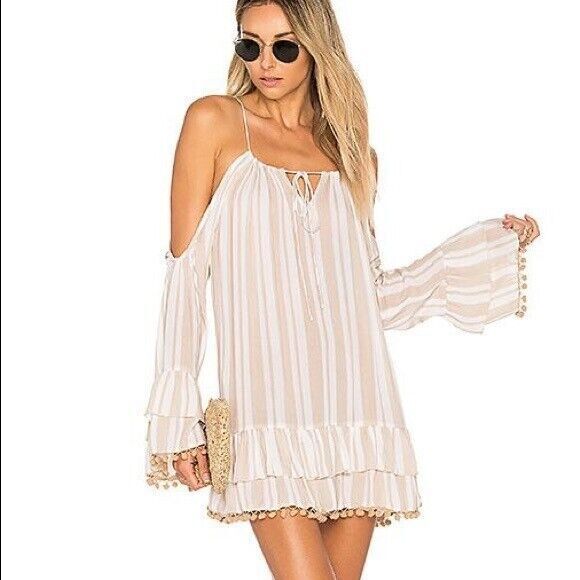 Lovers + Friends Dresses & Skirts - LOVERS + FRIENDS Beige Striped Tropical Oasis Pompom Mini Dress SIZE MEDIUM